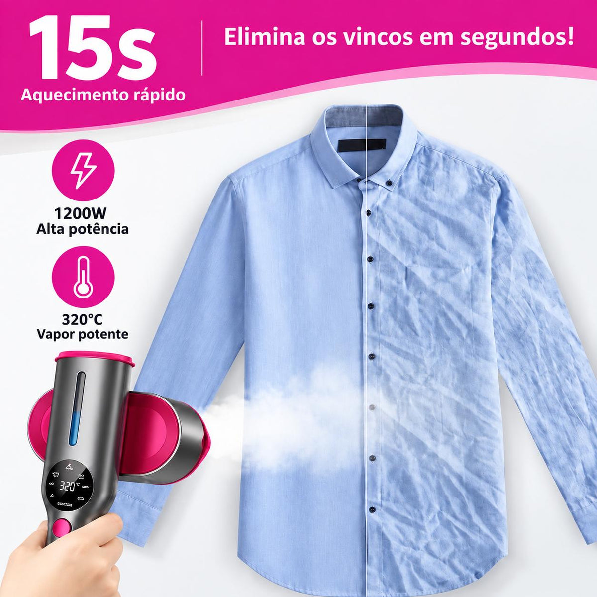Ferro de Engomar Portátil a Vapor 2 em 1 — Vertical e Horizontal | Ecrã Digital